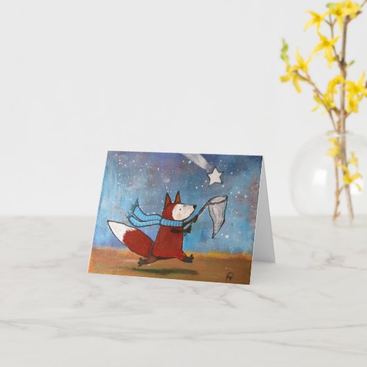 Fox Catching Shooting Star Original Whimsical Art Kaart (Gele Bloem)