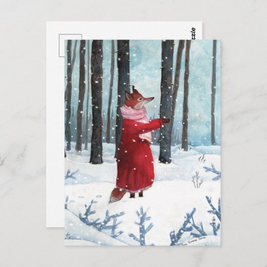 Fox Catching Snowflakes Waterverf Illustratie Briefkaart (Voorkant / Achterkant)