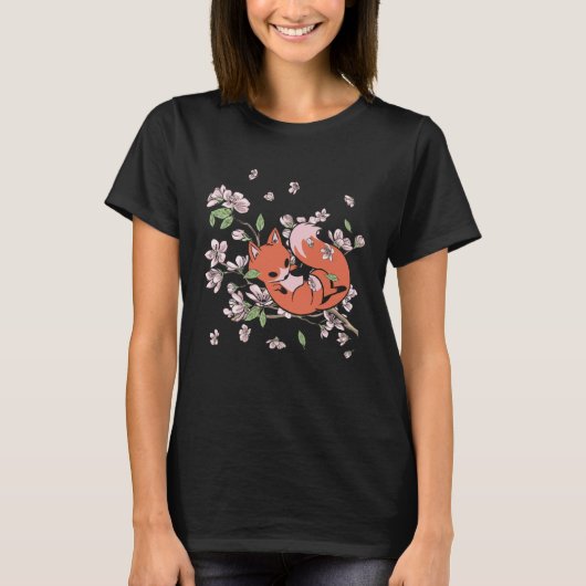 Fox Cherry Blossom Foxes Japanese Flower Sakura T-shirt (Voorkant)