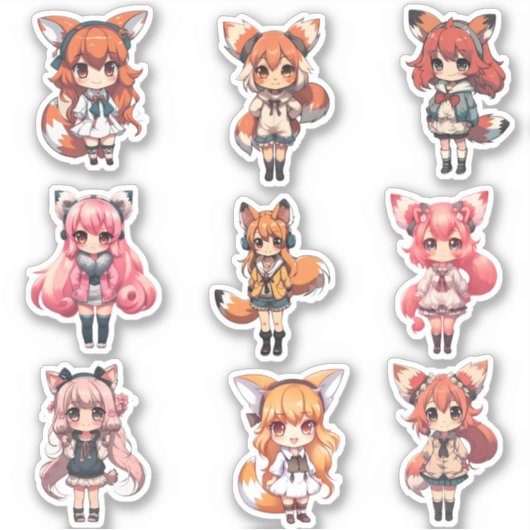 Fox Chibi Art Leuk Meisje Anime Stickers (Voorkant)