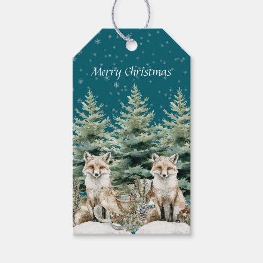 Fox Christmas Tree Sleigh Snowflakes Cadeaulabel (Voorkant)