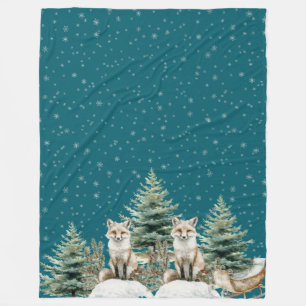 Fox Christmas Tree Sleigh Snowflakes Fleece Deken
