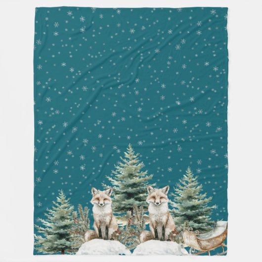 Fox Christmas Tree Sleigh Snowflakes Fleece Deken (Voorkant)