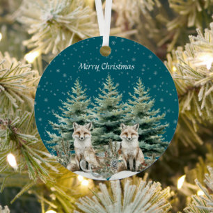 Fox Christmas Tree Sleigh Snowflakes Metalen Ornament