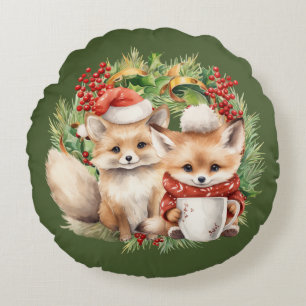 Fox Couple Winter Wreate Kerstmis Rond Kussen