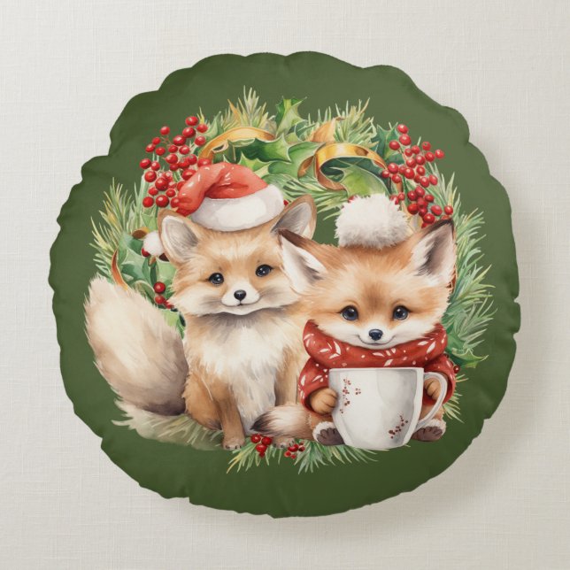 Fox Couple Winter Wreate Kerstmis Rond Kussen (Voorkant)