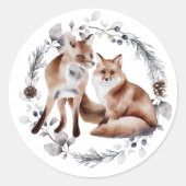 Fox Couple Winter Wreate Kerstmis Ronde Sticker (Voorkant)