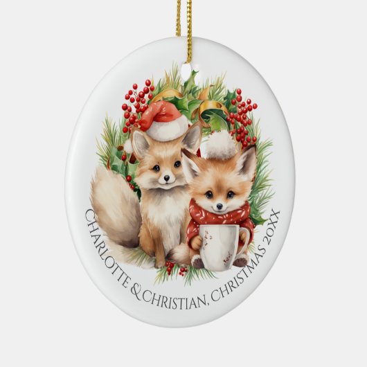 Fox Couple Winter Wreath Kerstmis op maat Keramisch Ornament (Rechts)