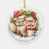 Fox Couple Winter Wreath Kerstmis op maat Keramisch Ornament (Voorkant)