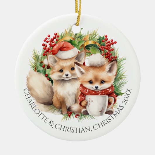 Fox Couple Winter Wreath Kerstmis op maat Keramisch Ornament (Voorkant)