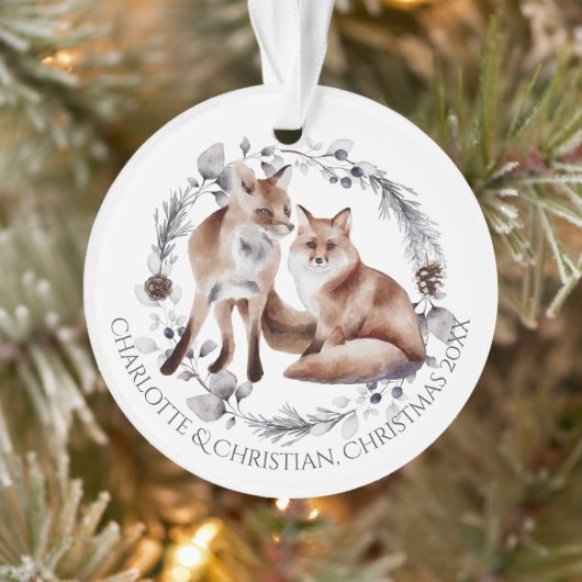 Fox Couple Winter Wreath Kerstmis op maat Ornament (Boom)