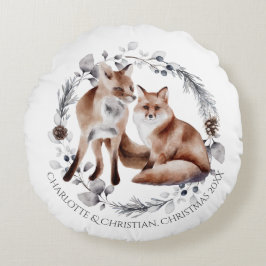 Fox Couple Winter Wreath Kerstmis op maat Rond Kussen