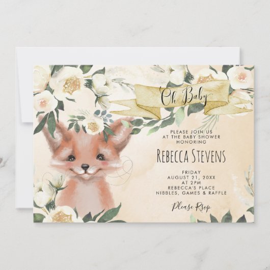 Fox cub bloemenneutraal baby shower uitnodiging (Voorkant)