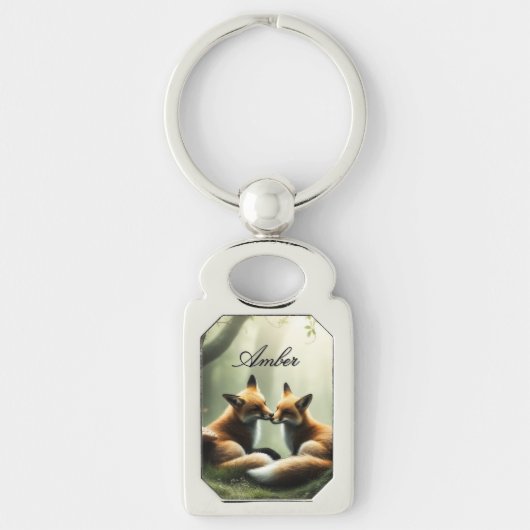 Fox Cuddle in Misty Forest gepersonaliseerd Sleutelhanger (Voorkant)