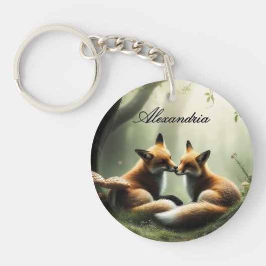 Fox Cuddle in Misty Forest gepersonaliseerd Sleutelhanger (Voorkant)
