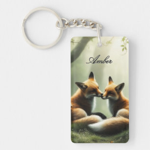 Fox Cuddle in Misty Forest gepersonaliseerd Sleutelhanger