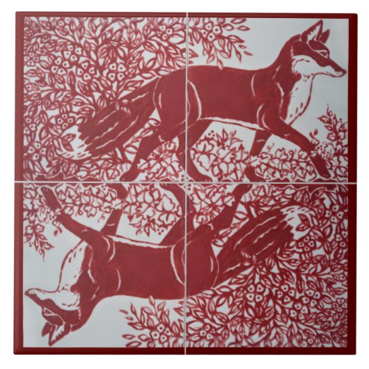 Fox Dark Red White Illustration CeramicTile Mural Tegeltje (Voorkant)
