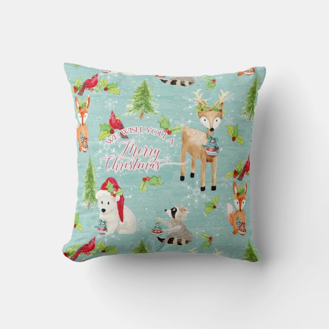 Fox Deer Beer Bird Nordic Merry Christmas Wood Art Kussen (Voorkant)