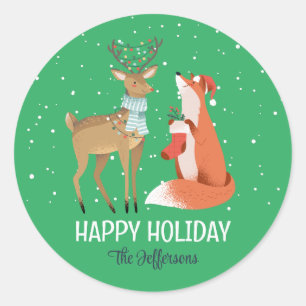 Fox Deer Snowy Winter Holiday Animal Ronde Sticker