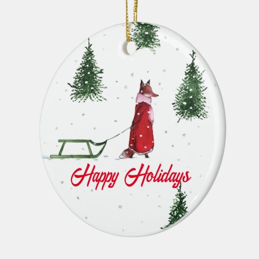 Fox die door de sneeuwwinterillustratie stroomt keramisch ornament (Links)