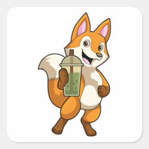 Fox Drink met Bubble Tea Vierkante Sticker