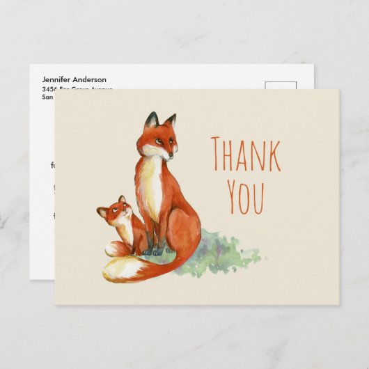 Fox en Baby Waterverf - Baby shower Dank U Briefkaart (Voorkant / Achterkant)