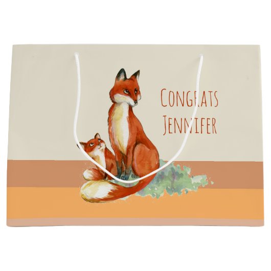 Fox en Baby Waterverf Illustratie Gefeliciteerd Groot Cadeauzakje (Voorkant)