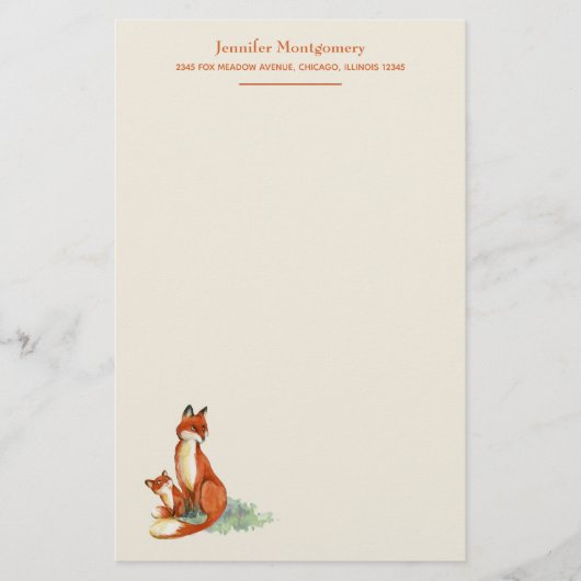 Fox en Baby Waterverf Illustratie Gepersonaliseerd Briefpapier (Voorkant)