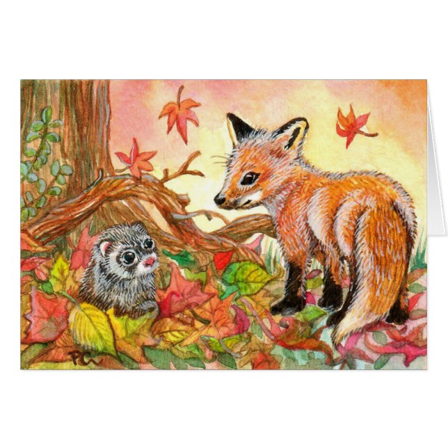 Fox en Ferret in Autumn Leaves (Voorkant Horizontaal)