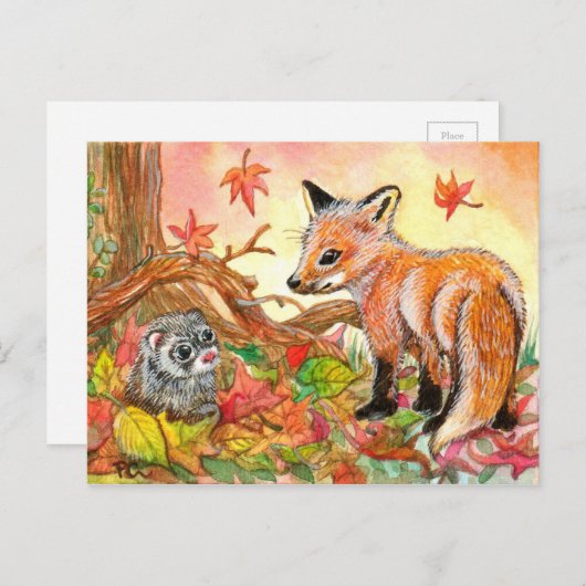 Fox en Ferret in Autumn Leaves Briefkaart (Voorkant / Achterkant)