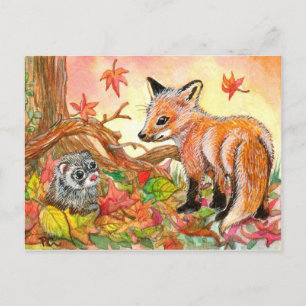 Fox en Ferret in Autumn Leaves Briefkaart