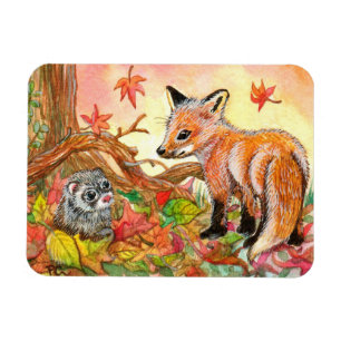 Fox en Ferret in Autumn Leaves Magneet