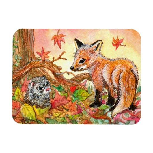 Fox en Ferret in Autumn Leaves Magneet (Horizontaal)