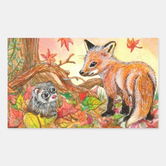 Fox en Ferret in Autumn Leaves Rechthoekige Sticker (Voorkant)