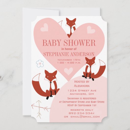 Fox en hart Babymeisje Shower-uitnodigingen Kaart (Voorkant)
