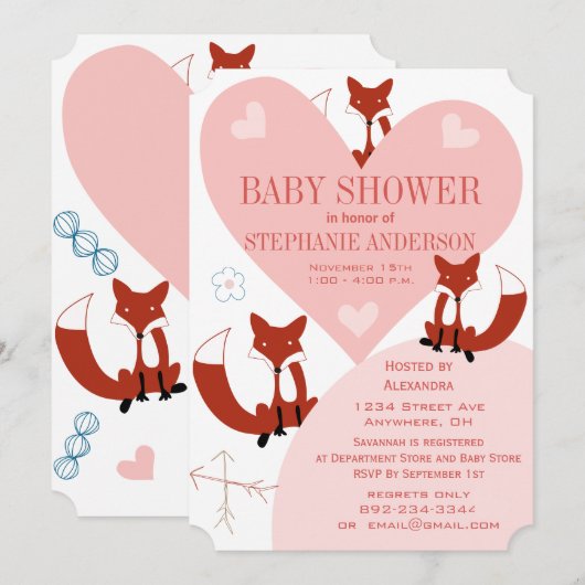 Fox en hart Babymeisje Shower-uitnodigingen Kaart (Voorkant / Achterkant)