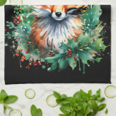 Fox en Holly met rode bessen Theedoek (Gevouwen)