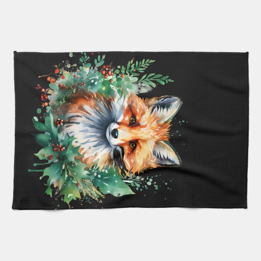 Fox en Holly met rode bessen Theedoek (Horizontaal)