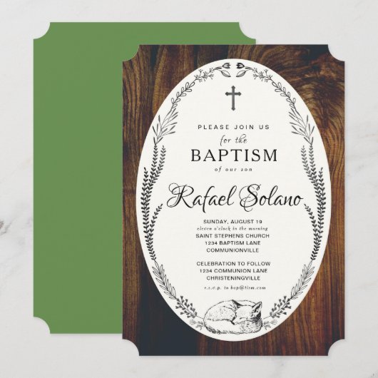 Fox en Laurel Baptism Invitation Kaart (Voorkant / Achterkant)