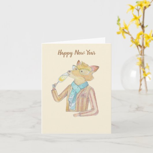 Fox en Mousserende wijn nieuwjaar wenskaart Kaart (Gele Bloem)