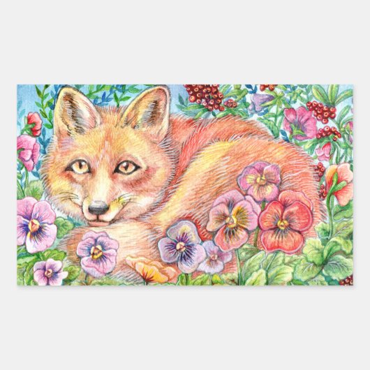 Fox en pansies rechthoekige sticker (Voorkant)