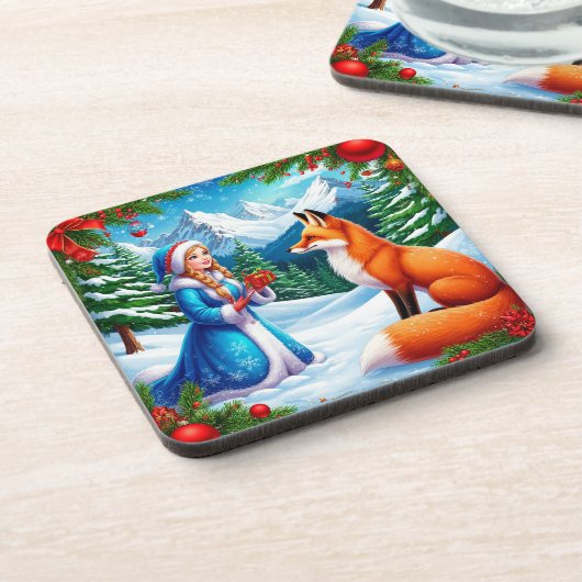 Fox en Snow Maiden in de winterse woudscene Bier Onderzetter (Linkerzijde)