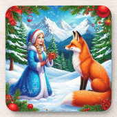 Fox en Snow Maiden in de winterse woudscene Bier Onderzetter (Voorkant)