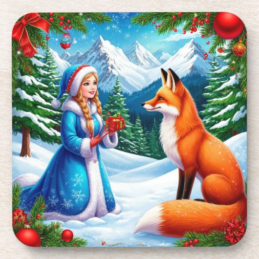 Fox en Snow Maiden in de winterse woudscene Bier Onderzetter (Voorkant)