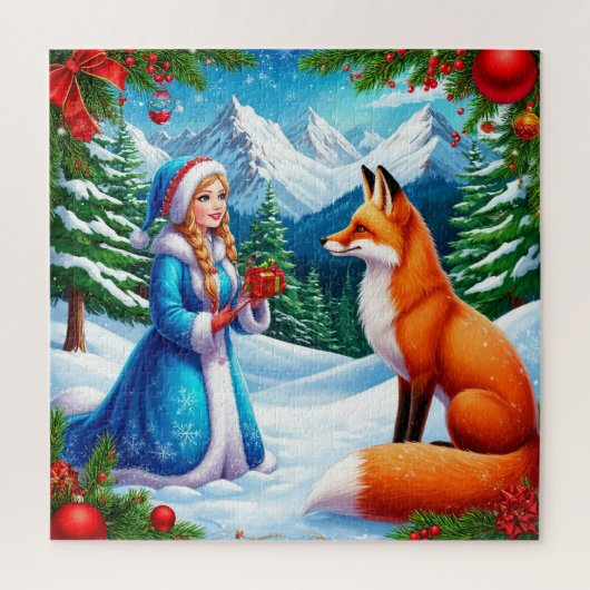 Fox en Snow Maiden in de winterse woudscene Legpuzzel (Verticaal)
