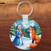 Fox en Snow Maiden in de winterse woudscene Sleutelhanger (Voorkant)
