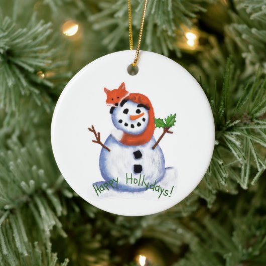 Fox en Snowman Happy Hollydays! Keramisch Ornament (Boom)