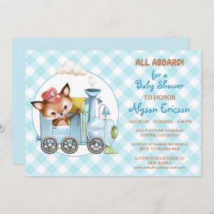 Fox en Train Gingham Blue Baby shower Invitation Kaart