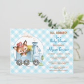 Fox en Train Gingham Blue Baby shower Kaart (Staand voorkant)