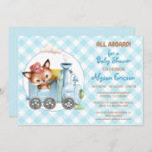 Fox en Train Gingham Blue Baby shower Kaart (Voorkant / Achterkant)